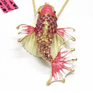 Hot Betsey Johnson Pink Enamel Lucky Fish Crystal Pendant Women Necklace